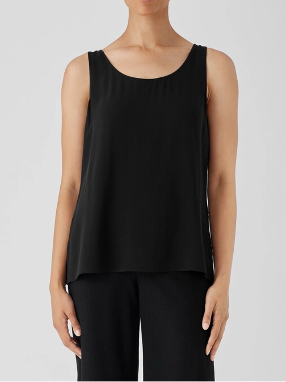 Eileen Fisher Stretch Silk Scoop Neck Tank Black Size Large 100% Silk